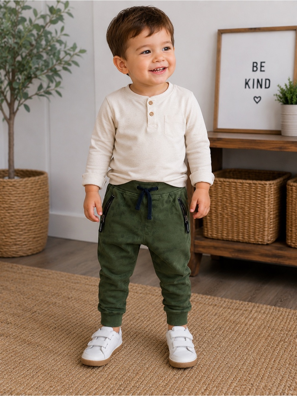 Kids Olive Green Jogger Pants with Zip Pockets 2T